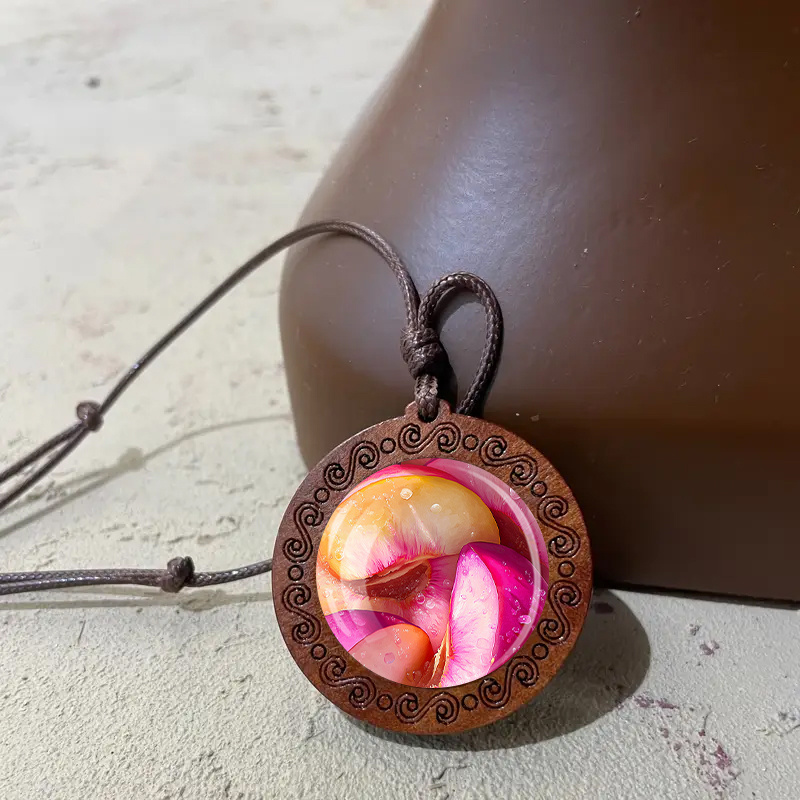 Vintage Peach Wood Pendant Necklace, Bohemian Style